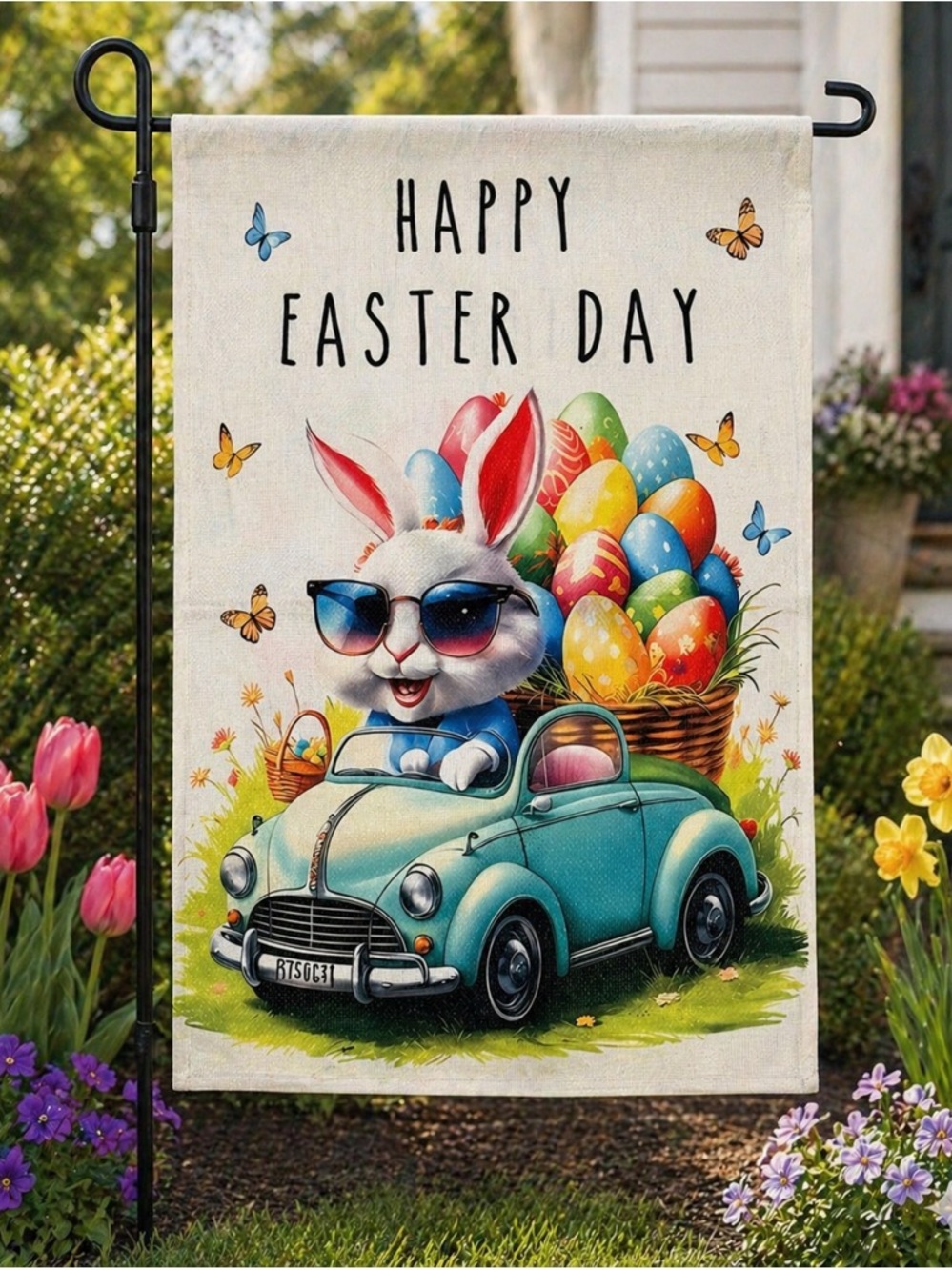 Happy Easter Bunny Banner Garden Flag Spring Outdoor Decor 18” x 12.5”
